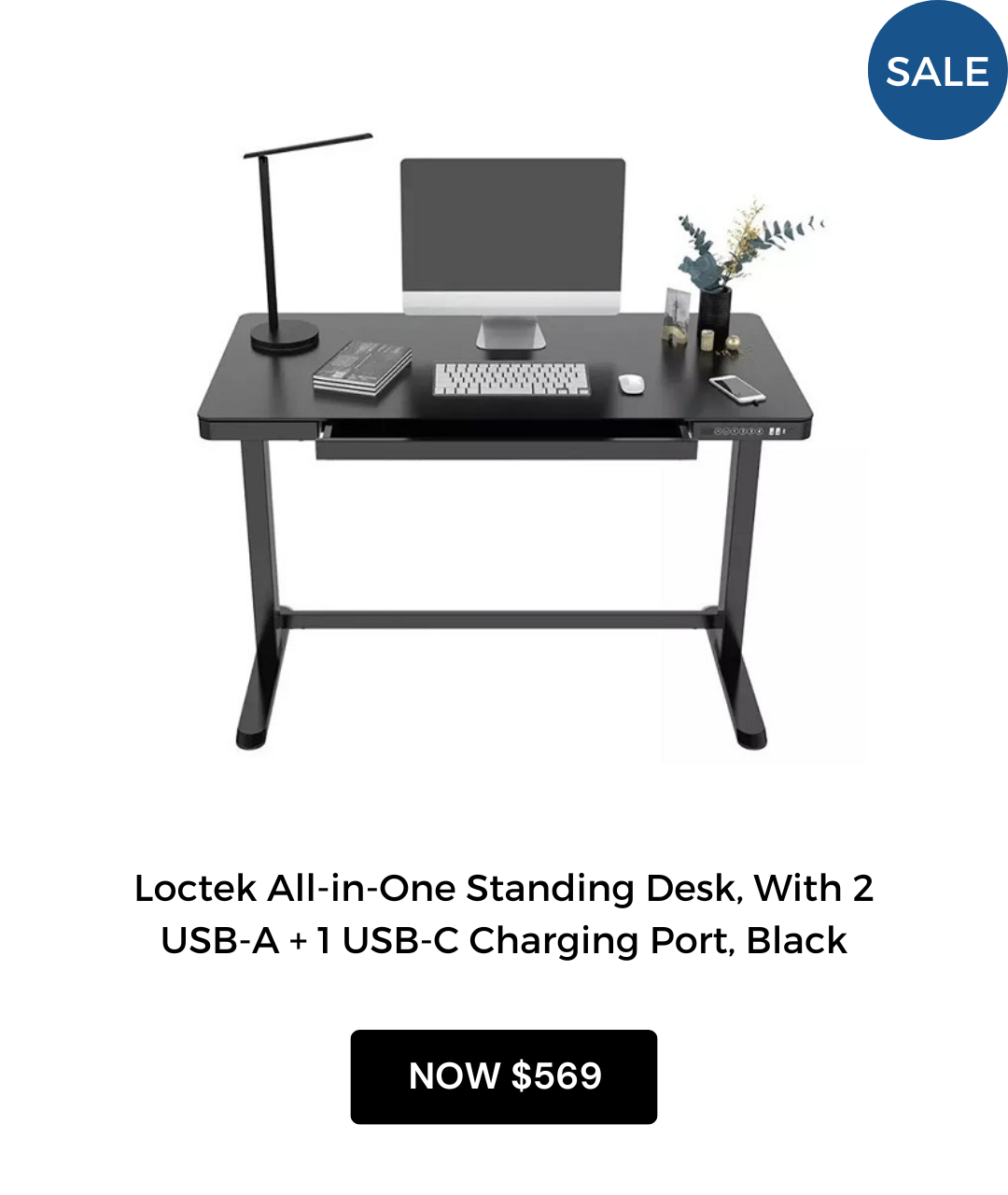 Loctek All-in-One Standing Desk, With 2 USB-A + 1 USB-C Charging Port, Pull-out Drawer, 1200*600mm, Black